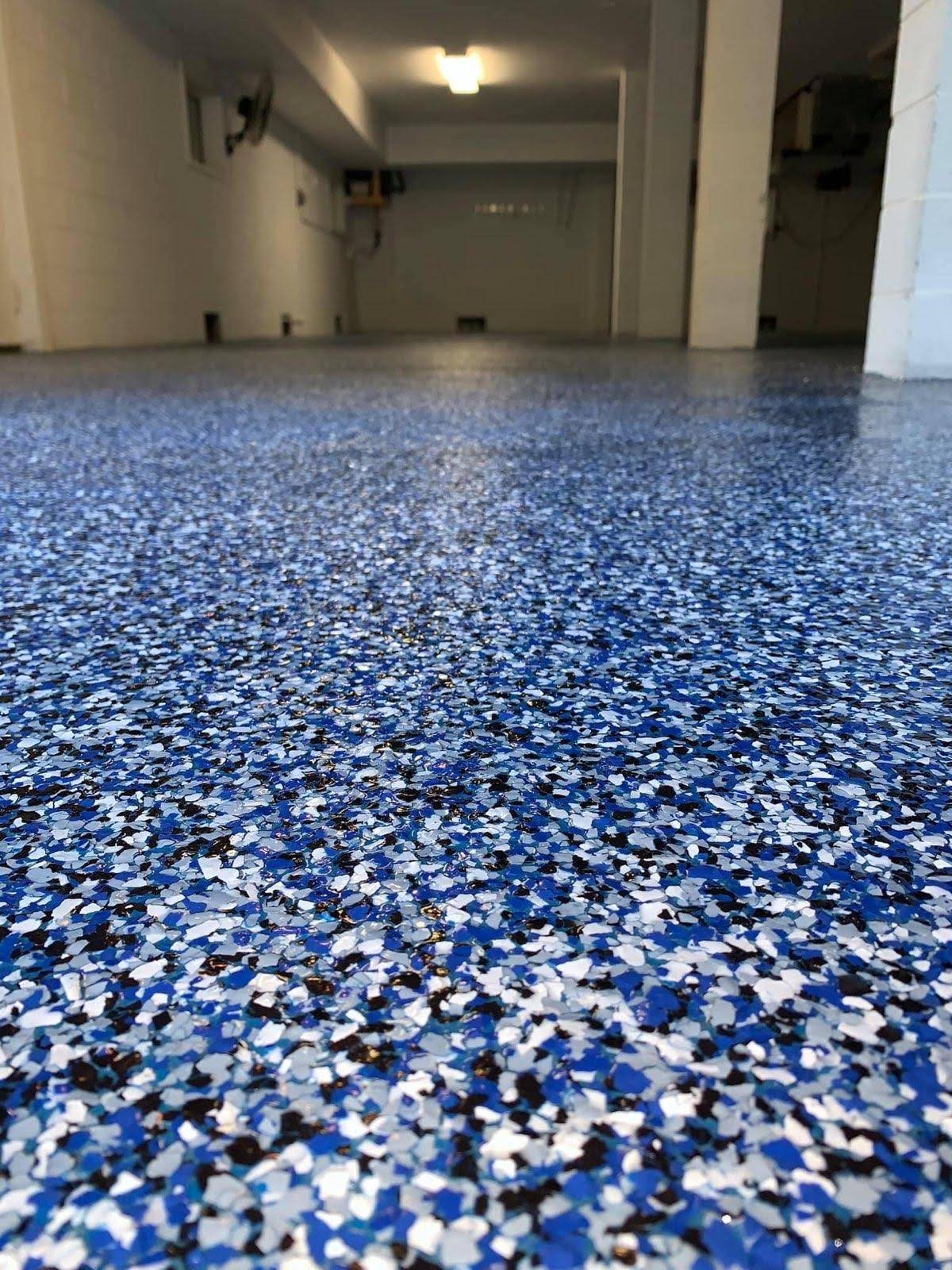 Blue flake epoxy flooring closeup in Hinesville GA