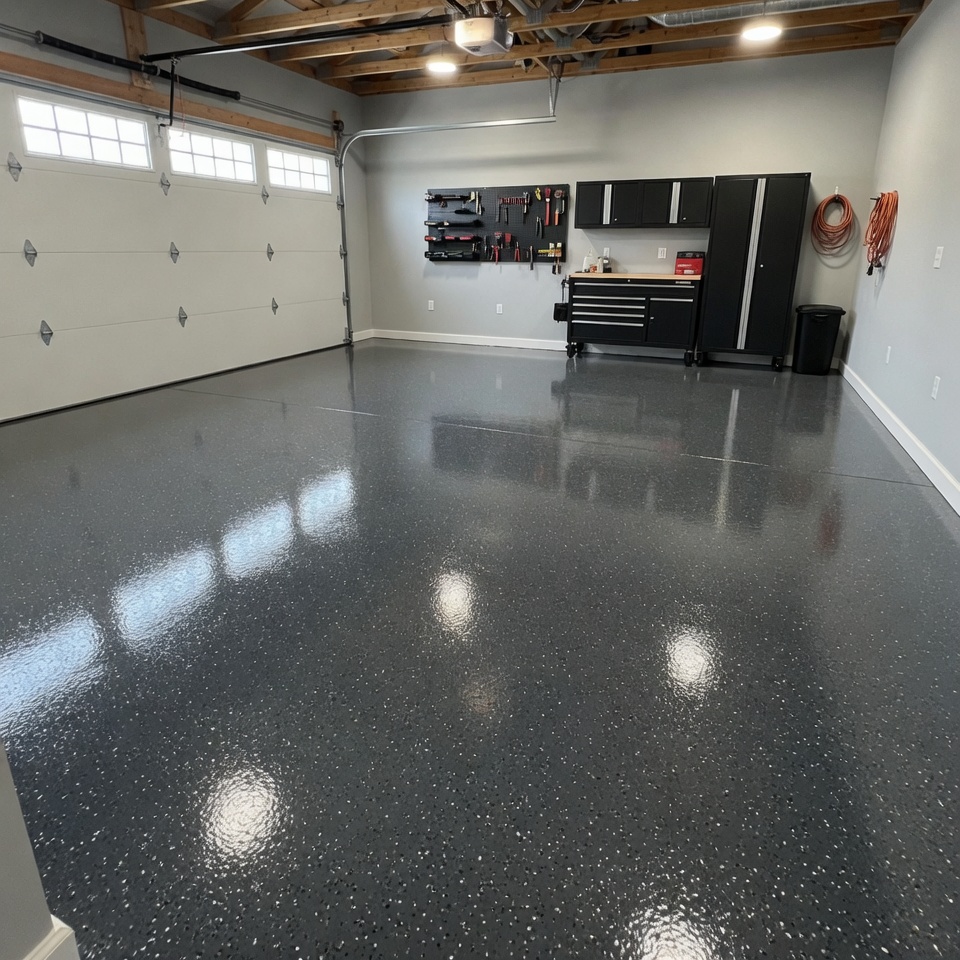 Gray flake garage floor coating installed in a Hinesville, GA garage